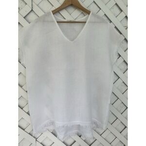 Camille & Co White Linen Tunic Top Frayed Hems Lagenlook Boho Coastal Italy L